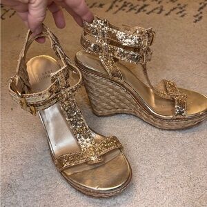 Stuart Weitzman Glittering Gold Wedge Sandals